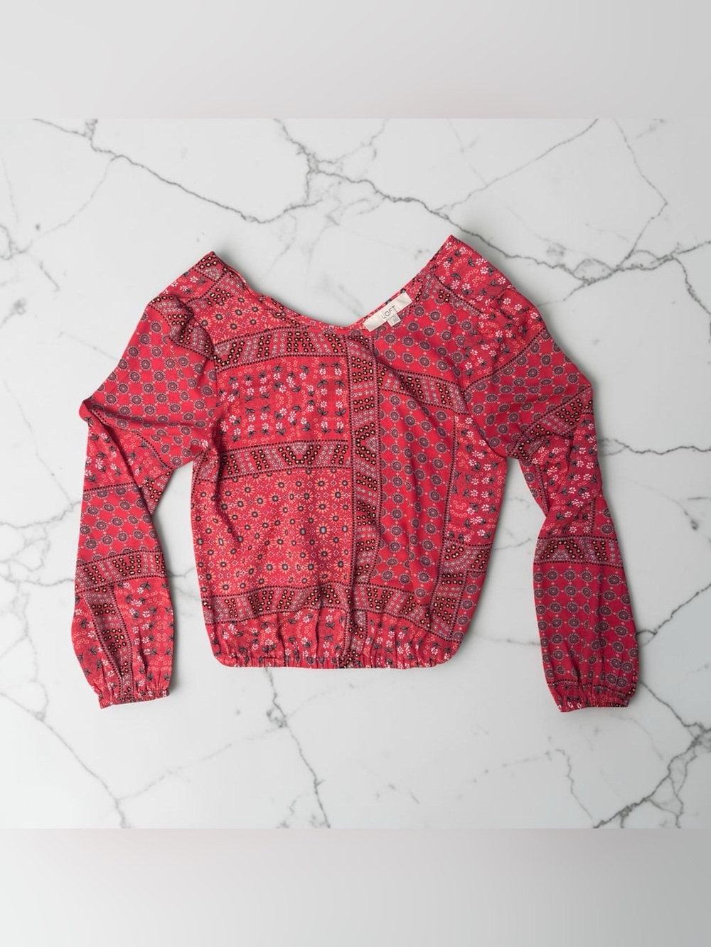 LOFT Coral Printed Peasant Blouse